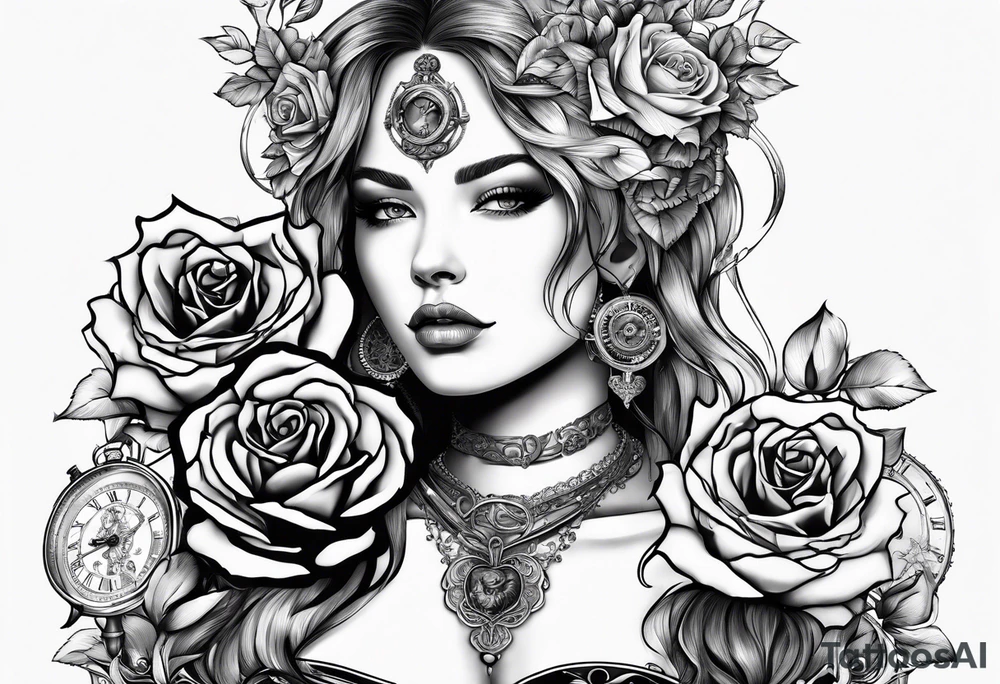 Women holding a mechanical heart roses, time watch, lion, strength tattoo idea