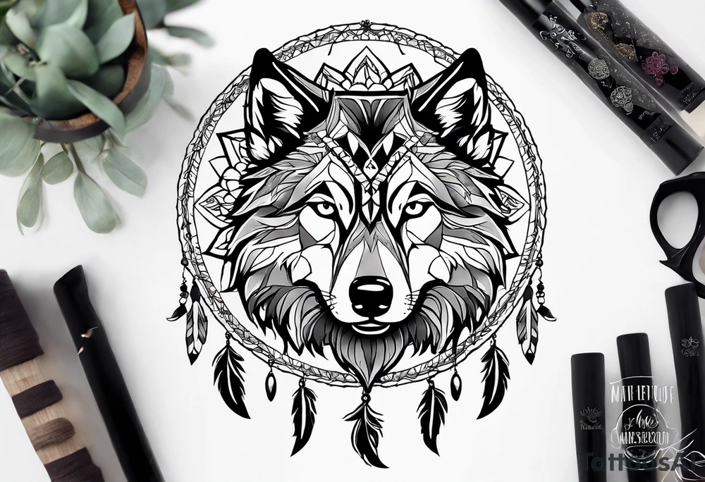 A whimsical wolf tattoo featuring mandala or dream catcher elements, with the wolf as the central focus. Show the wolves whole body standing surrounded by mountains in the background. Include flowers and nature elements to fill the space around the wolf. Some color but not completely solid bold color tattoo idea