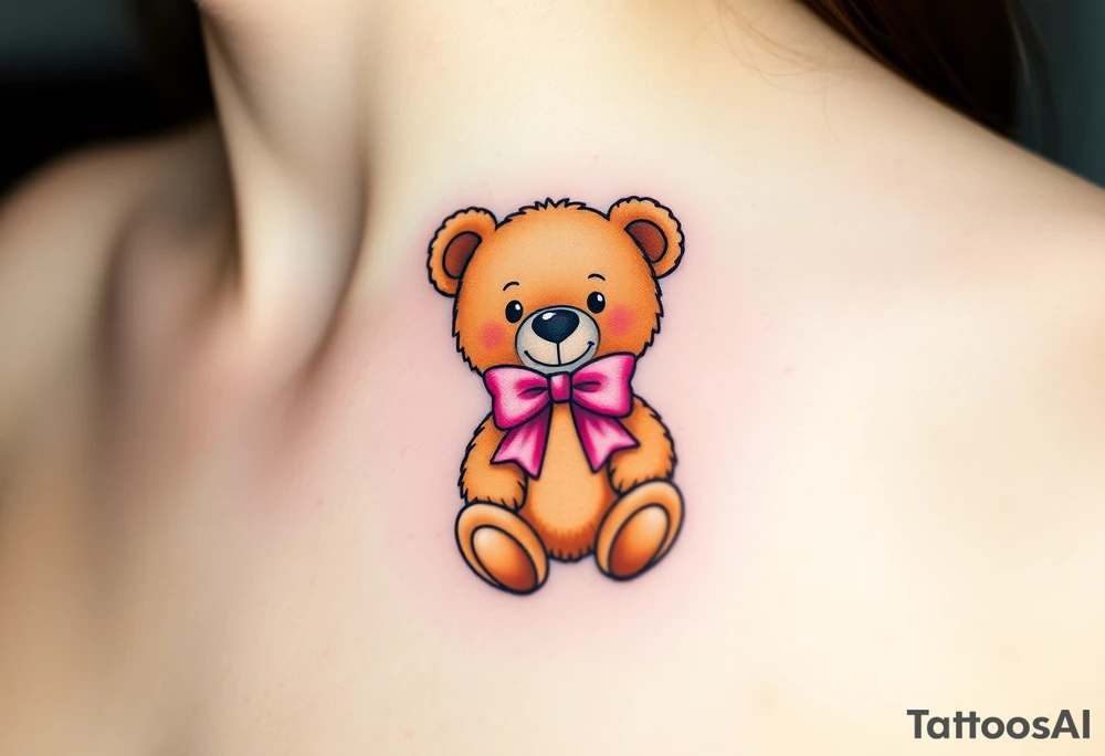 realistic tan teddy bear with a pink bow around its neck tattoo idea