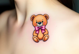 realistic tan teddy bear with a pink bow around its neck tattoo idea