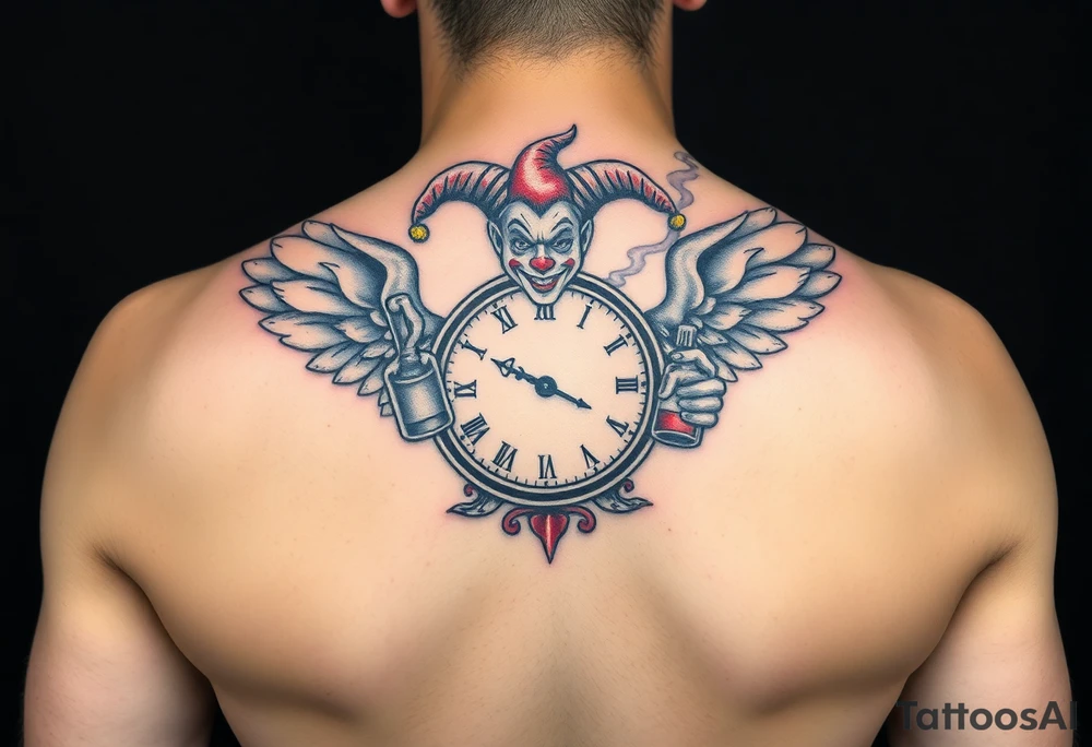 a jester clown floating in smoke with a  clock, the time says 420,  with two open wings besides the clock, smoke as the spring rising from the clock, a jester clown coming out the smoke, smoking in one hand with a liquor bottle on the other hand tattoo idea
