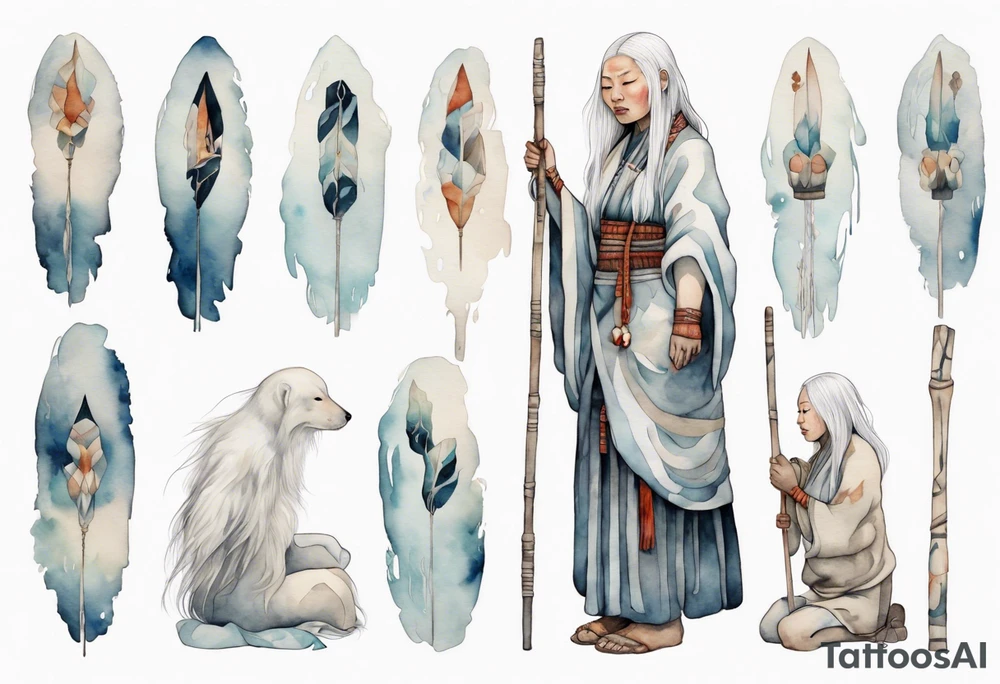 a solitary Inuit woman with long white hair holding onto a white staff tattoo idea
