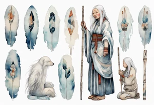 a solitary Inuit woman with long white hair holding onto a white staff tattoo idea