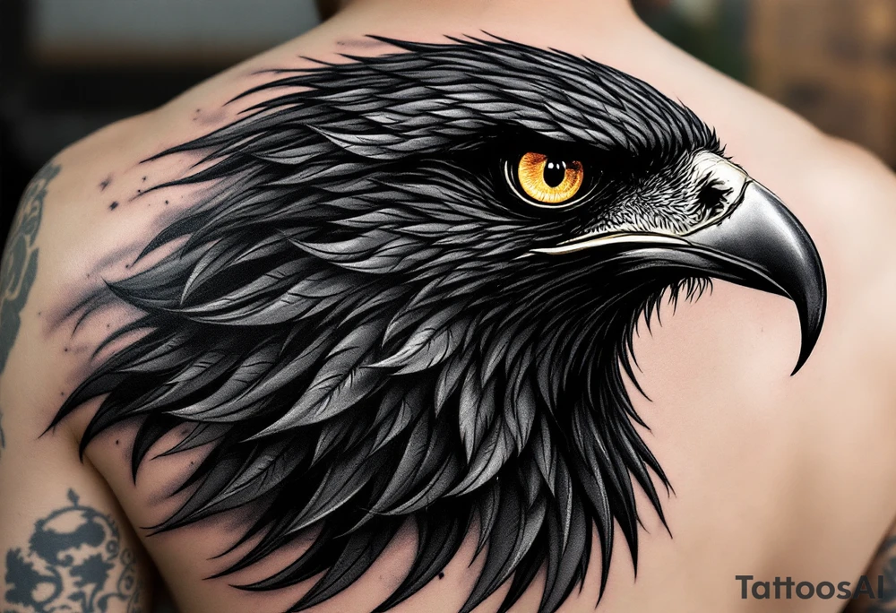 A sharp black hawk with piercing golden eyes, its feathers turning into swirling shadows, representing survival and fearlessness. tattoo idea