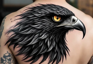 A sharp black hawk with piercing golden eyes, its feathers turning into swirling shadows, representing survival and fearlessness. tattoo idea