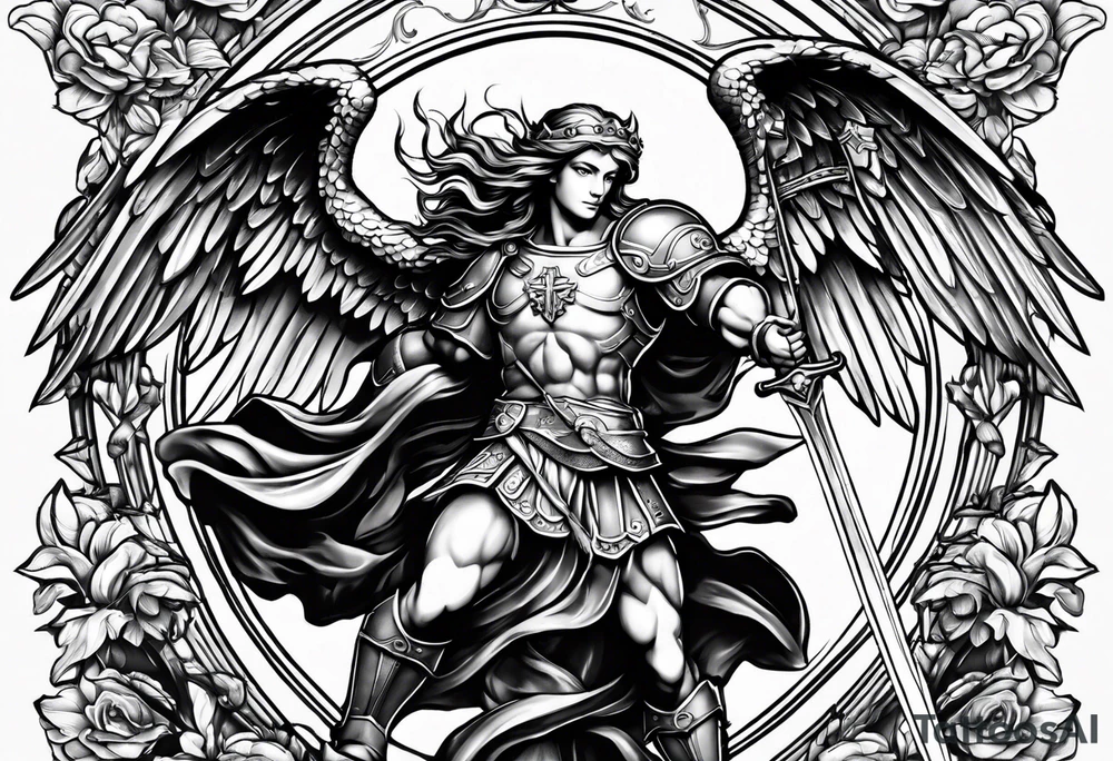 full body saint michael holding a sword tattoo idea