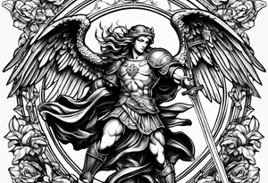 full body saint michael holding a sword tattoo idea