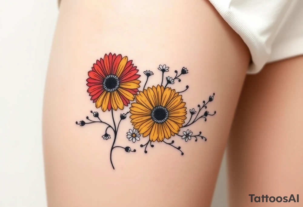 Fine line flower tattoo with three gerbera daisies (red, yellow, and orange) along with smaller white regular daisies and maybe other flowers or vines. Mix in a Celtic Serch Bythol symbol somehow and some fine line swirls, tendrils, or spirals as needed tattoo idea