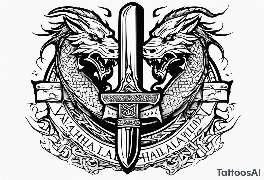Valhalla sword dragon head axe viking church tattoo idea
