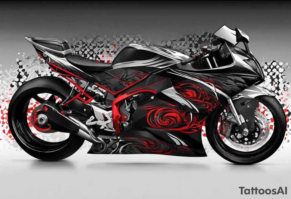 Arm sleeve, black, gray, silver, red, tribal, include elements of fire, include subtle elements of motorcycles, include elements of wrestling tattoo idea