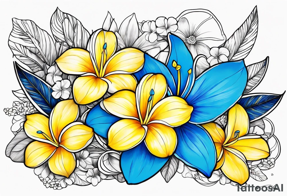 The word ohana surrounded by 
two blue plumerias, two yellow plumerias tattoo idea