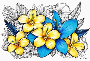 The word ohana surrounded by 
two blue plumerias, two yellow plumerias tattoo idea