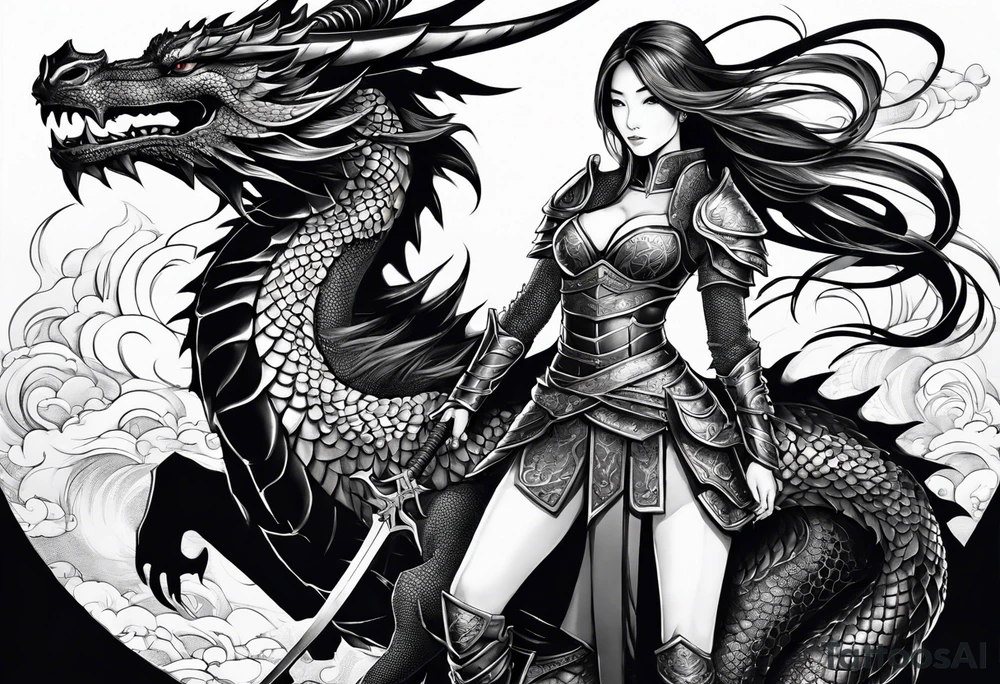 beautiful warrior woman wearing dragon armor and a dragon  flying tattoo idea