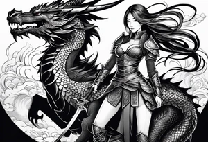 beautiful warrior woman wearing dragon armor and a dragon  flying tattoo idea