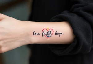 Tiny black font love faith hope placed within a heart outline in red, with a gold cross on top and a blue anchor below. tattoo idea