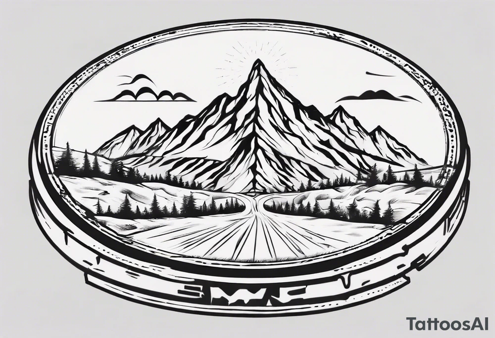 road cycles wheel drawn as a gym weight plate with a mountain in the middle tattoo idea