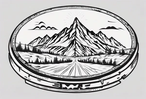 road cycles wheel drawn as a gym weight plate with a mountain in the middle tattoo idea