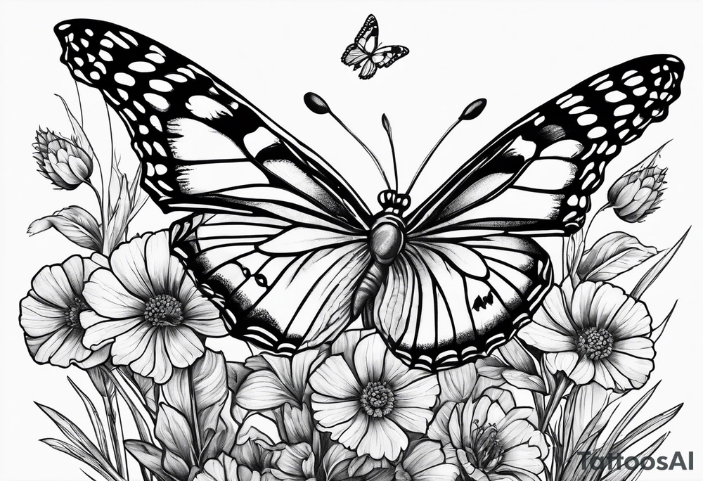 Wildflowers, prairie plants, butterflies tattoo idea