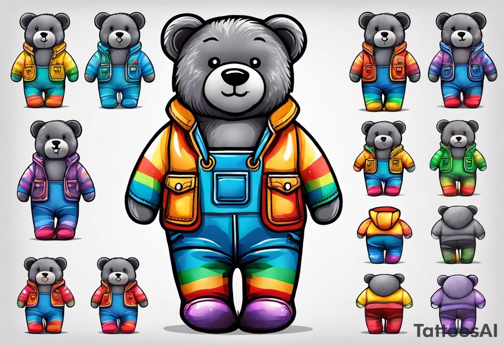 the back of a grey teddy bear standing in rainbow overalls, no shirt and striped boots tattoo idea