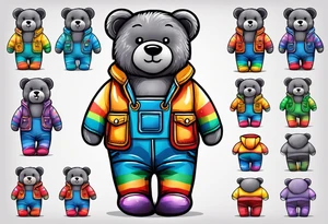 the back of a grey teddy bear standing in rainbow overalls, no shirt and striped boots tattoo idea
