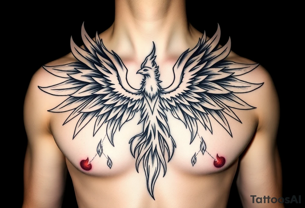Realistic and symmetrical flaming Phoenix rebirth with spread low wings surrounded by fire mapped onto chest
Phoenix head must be in the middle of the chest, straight and symmetrical 
Fire should be surrounding spread wings
Wings should be spread low only on chest muscle tattoo idea