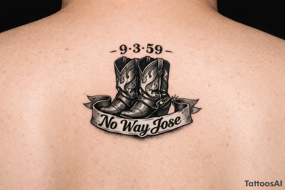 Can you do a minimalist neo, traditional Cow girl boots her birthday 9-3-59 and a banner that says no way Jose tattoo idea