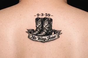 Can you do a minimalist neo, traditional Cow girl boots her birthday 9-3-59 and a banner that says no way Jose tattoo idea