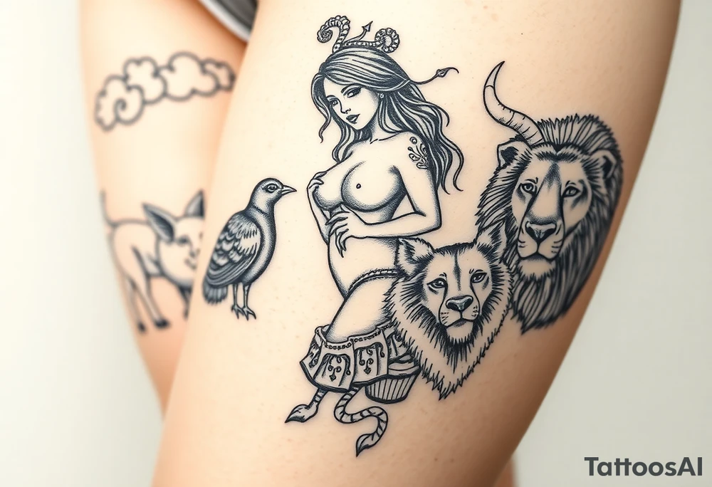 Storm clouds, pig, peacock , sexy naked fat woman, cupcakes, noose , money, goat, lion, couple having sex, cigerette tattoo idea