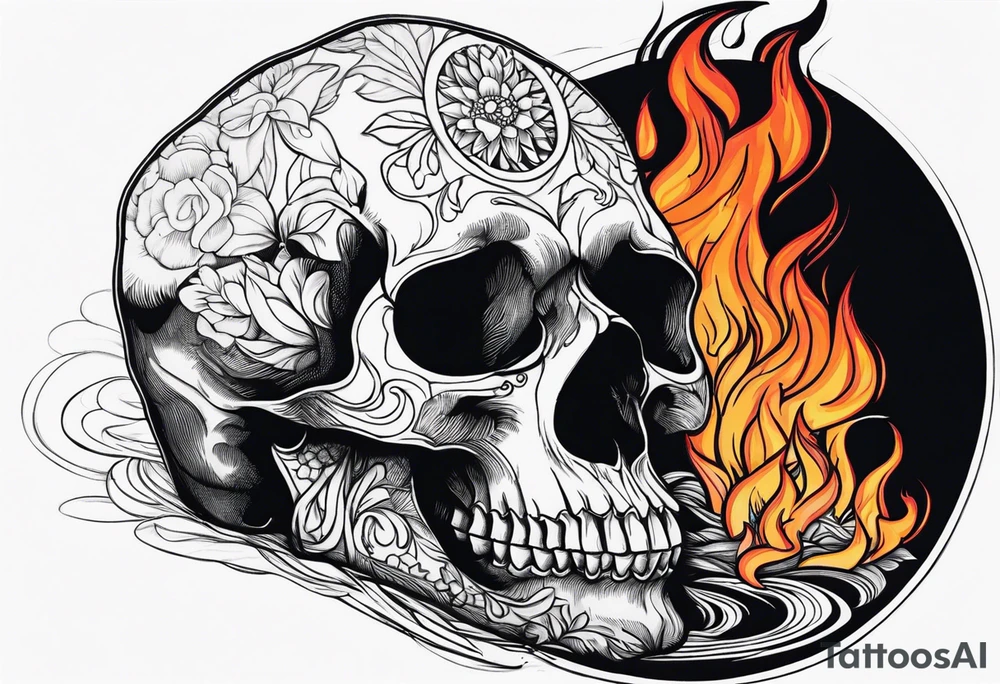 Skull on top of fire praying tattoo idea