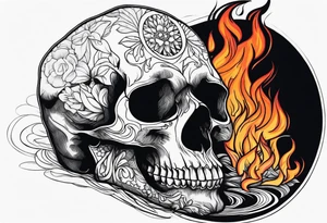 Skull on top of fire praying tattoo idea