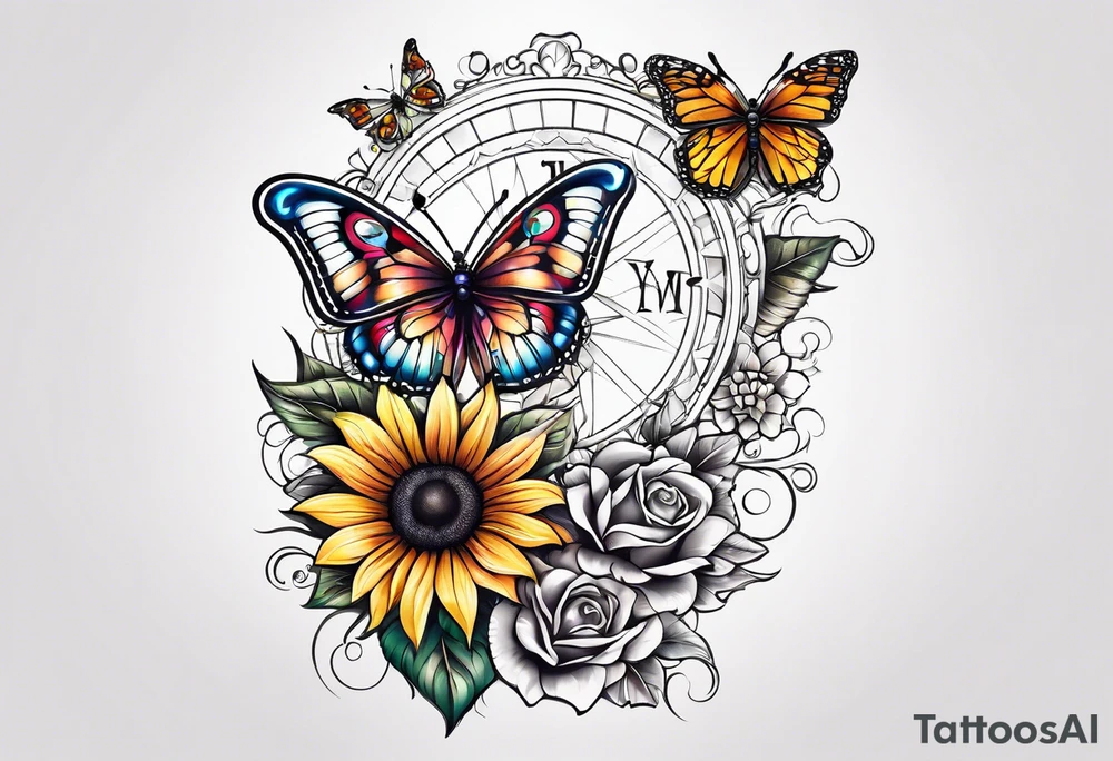 Arm sleeve with Winged cross with sunflower and butterflies tattoo idea