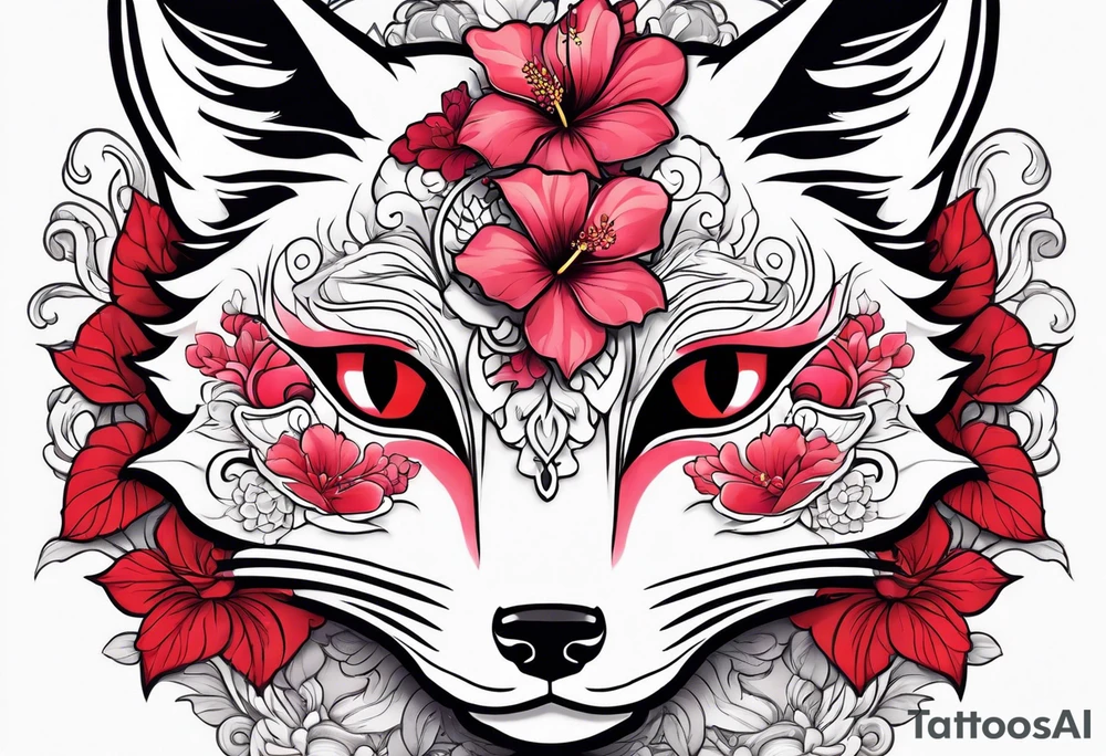 White kitsune mask with red accents and pink hibiscus flowers tattoo idea