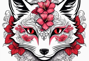 White kitsune mask with red accents and pink hibiscus flowers tattoo idea