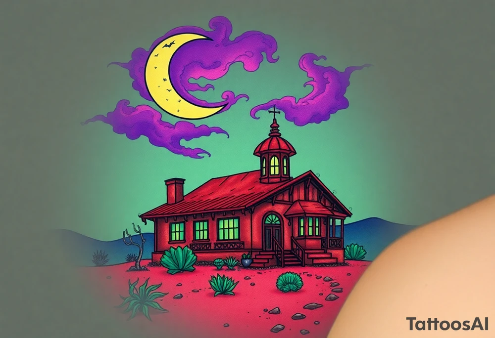 Tim Burton’s haunted desert bungalow is abandoned and dripping with muted reds, dusty pinks, and eerie green glow.purple and cyan smokey clouds swirl in the crescent moonlit sky thats sprinkled with stars tattoo idea tattoo idea