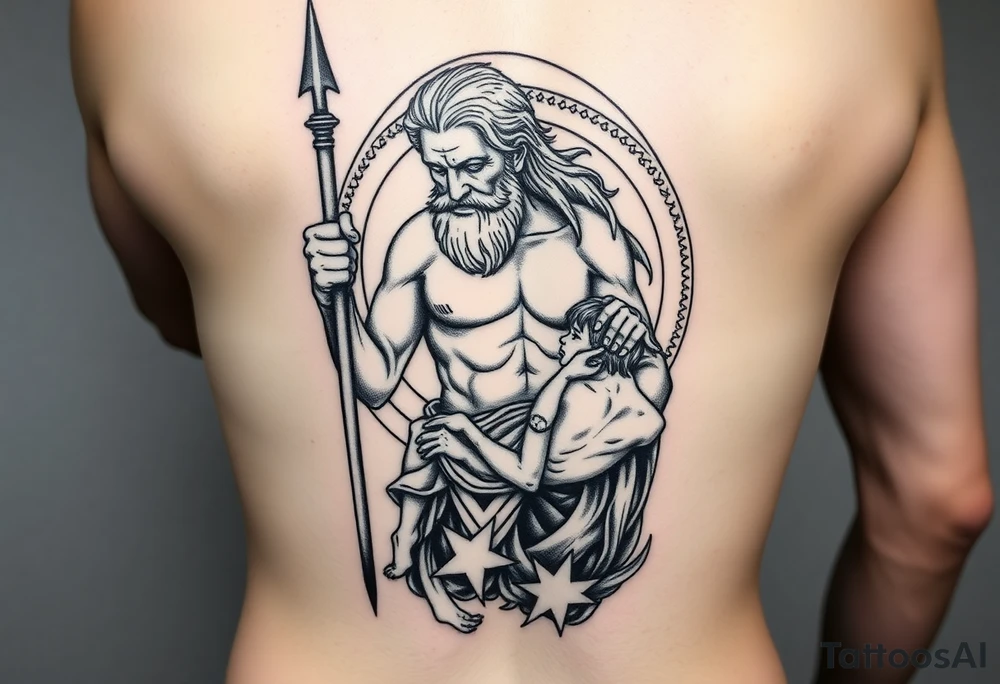 a tattoo design of the Greek God Saturn but older and nearly dying holding his spear looking down using the spear to keep himself upright, in his other arms cradling a twin dying younger version of himself. The gemini constellation is in the background behind the Saturn Gods. Long vertical form as this will be on a thigh - include the planet Saturn rings going round the design tattoo idea