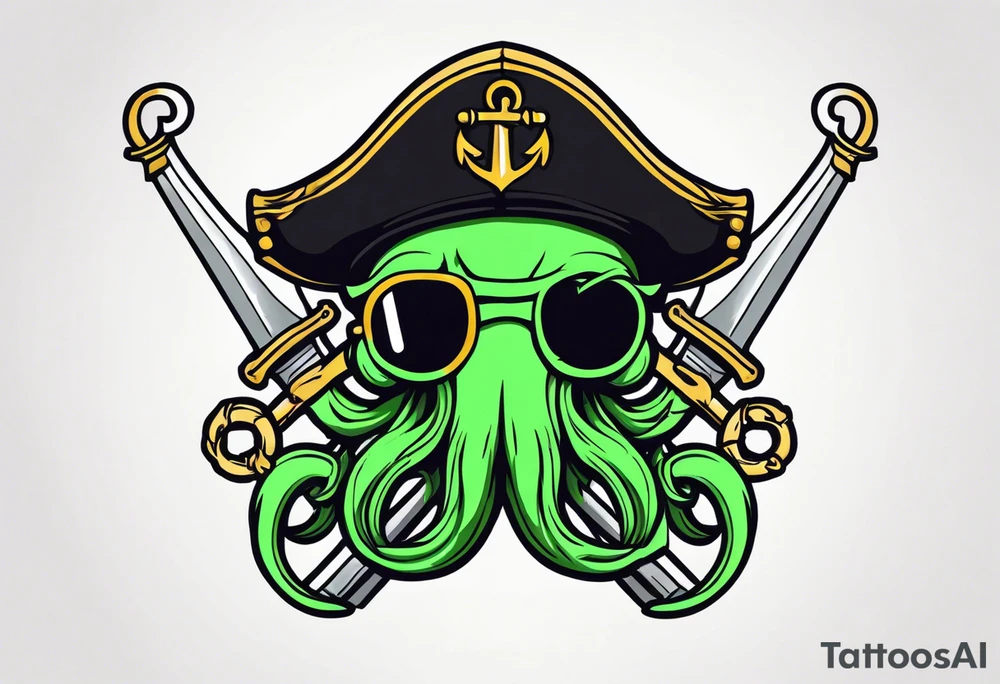 green pirate squid with eyepatch holding sword and anchor tattoo idea