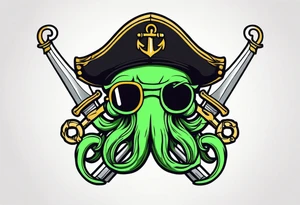 green pirate squid with eyepatch holding sword and anchor tattoo idea
