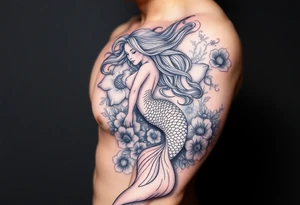 ethereal mermaid with flowing hair among coral and sea flowers tattoo idea