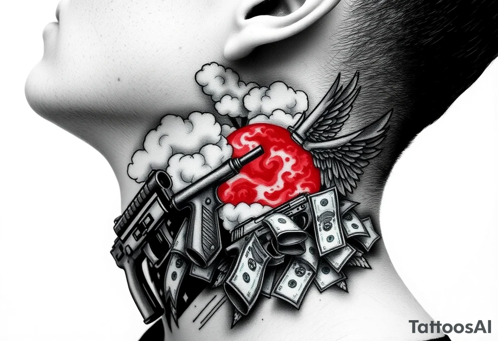 deepfull description of details with clouds,fire guns, money,angels and red for the side of neck tattoo idea