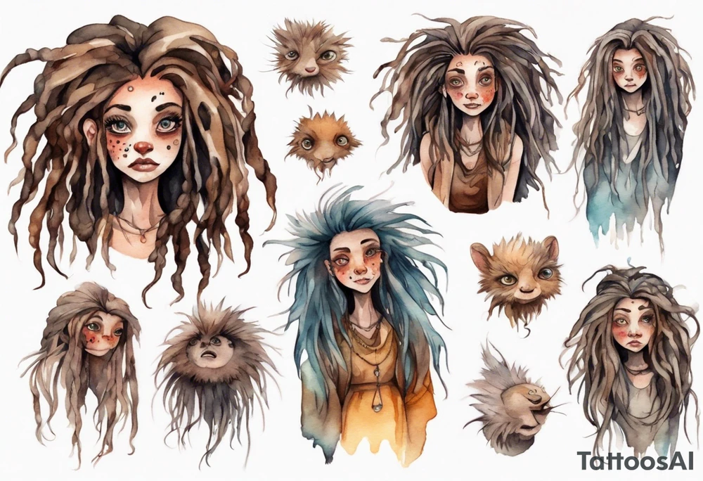 a mole woman with large eyes pale fur and messy brown dreadlocks tattoo idea