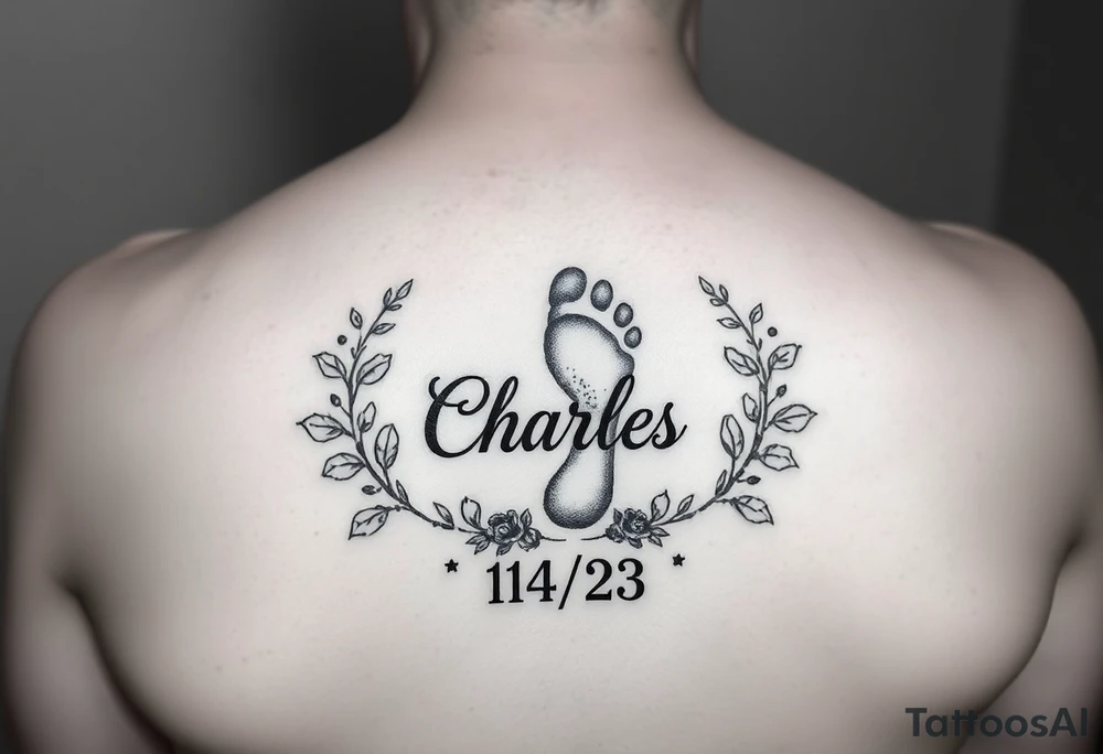 Baby footprint surrounded by the name Charles and the date 1/14/23 and floral vines tattoo idea
