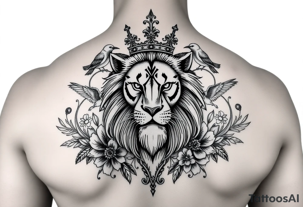 powerful majestic lion with a crown, surrounded by floral ornaments and birds tattoo idea