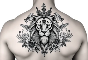 powerful majestic lion with a crown, surrounded by floral ornaments and birds tattoo idea