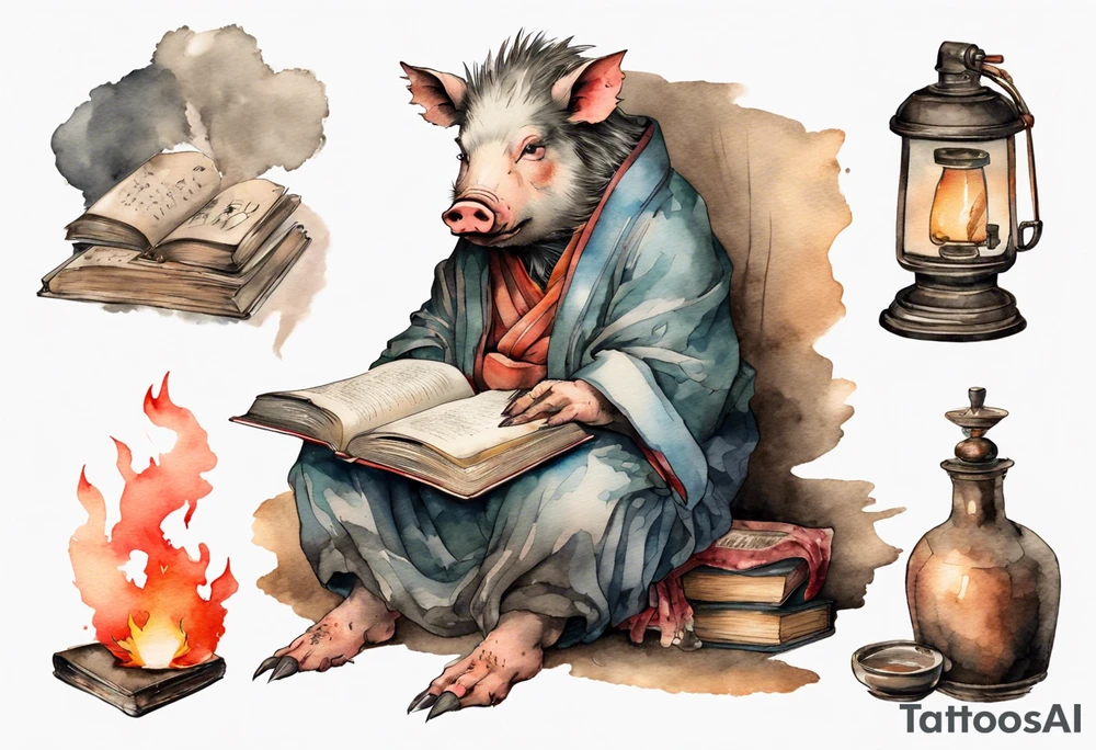 an old boar sitting by the hearth reading a book tattoo idea