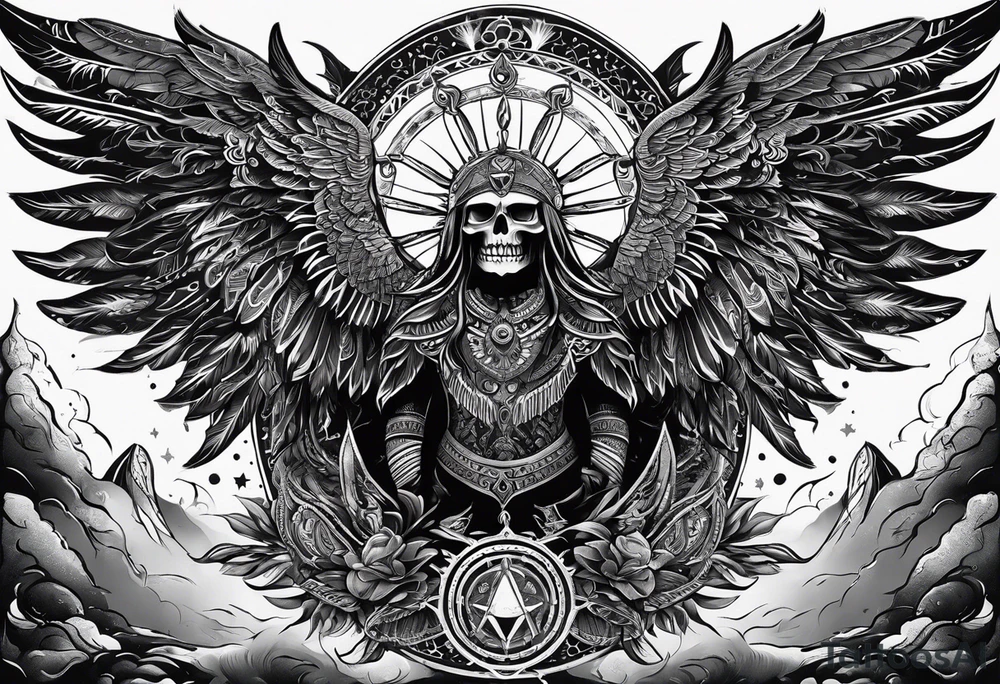 black kali, goddess pirate, alien, pachamama, valkrye, warrior, skull, lotus azul, wing, eagle, zenza resonance, stars, 5D, anahata chakra tattoo idea