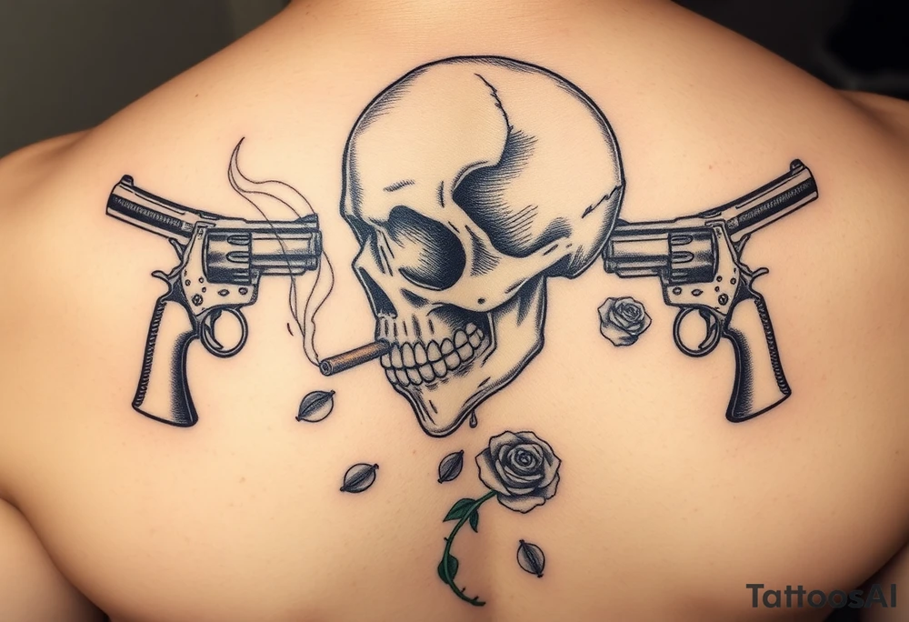 Close-up skull profile, cigar burning, vintage revolvers flanking, rose petals falling. tattoo idea