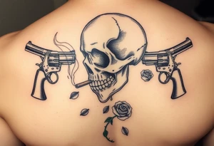 Close-up skull profile, cigar burning, vintage revolvers flanking, rose petals falling. tattoo idea