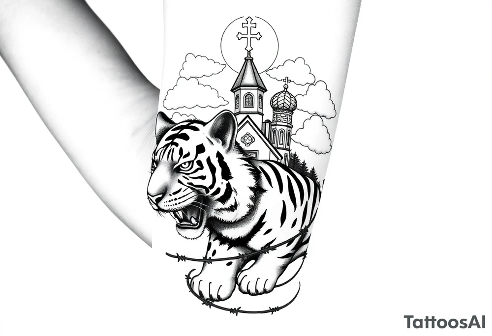 Non cartoon looking tiger on the hand with barb wire at the bottom and then above the tiger do a traditional Russian Orthodox Church with the orthodox traditional cross as the spire in non cartoon looking clouds then Virgin Mary above overlooking with hands together on heart tattoo idea