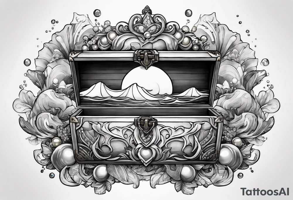 Ocean with threasure chest and pearls tattoo idea