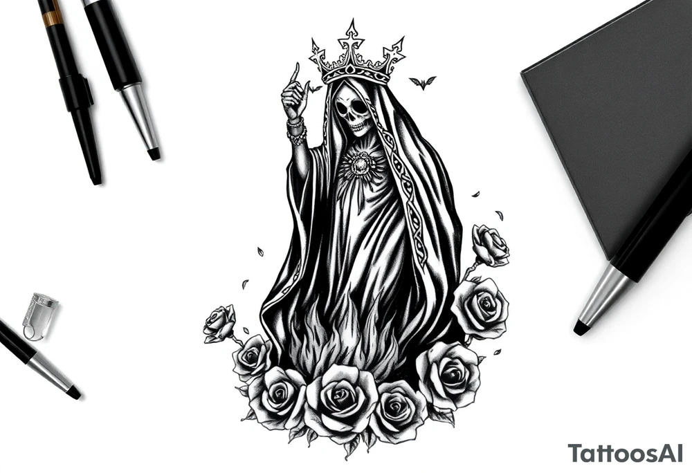 Powerful and evil Santa muerte rising from the flames and ashes of hell, surrounded by unclaimed souls and roses tattoo idea